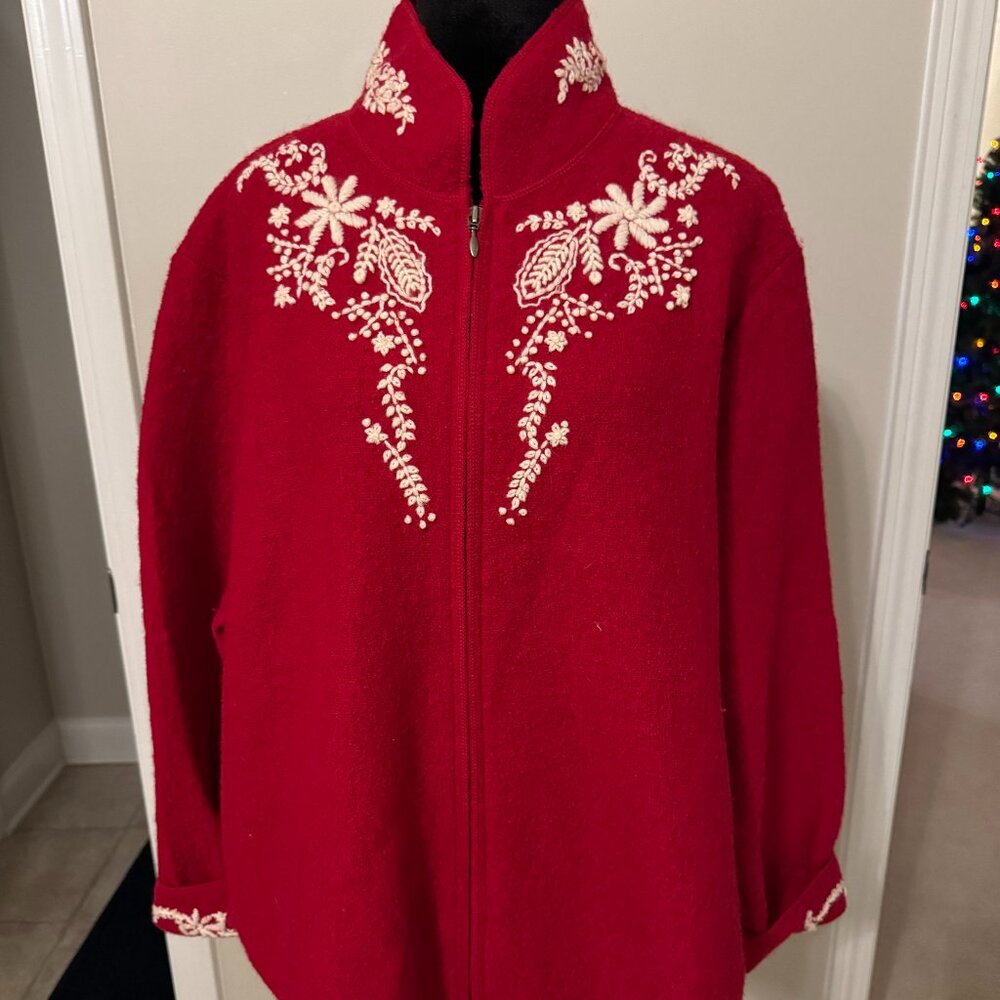 Coldwater Creek Red Wool Christmas Sweater Jacket zip